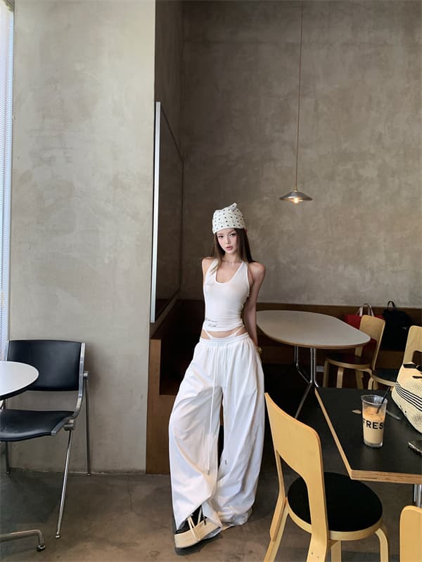 실사 뒤로 비틀림 단어 조끼 외출용 슬립 페이크 레이어드 패치워크 루즈핏 느긋한 와이드 레그 팬츠 세트 상세 이미지 10