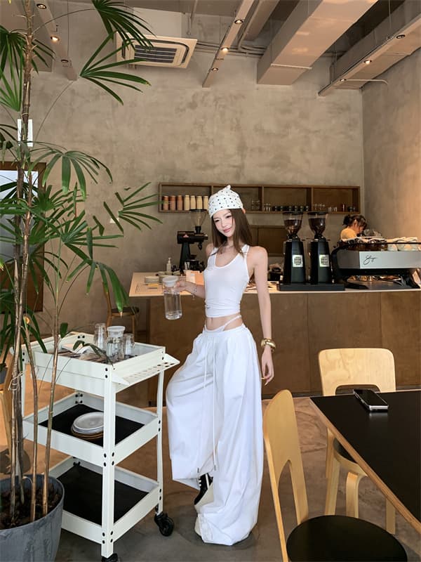 실사 뒤로 비틀림 단어 조끼 외출용 슬립 페이크 레이어드 패치워크 루즈핏 느긋한 와이드 레그 팬츠 세트 상세 이미지 11