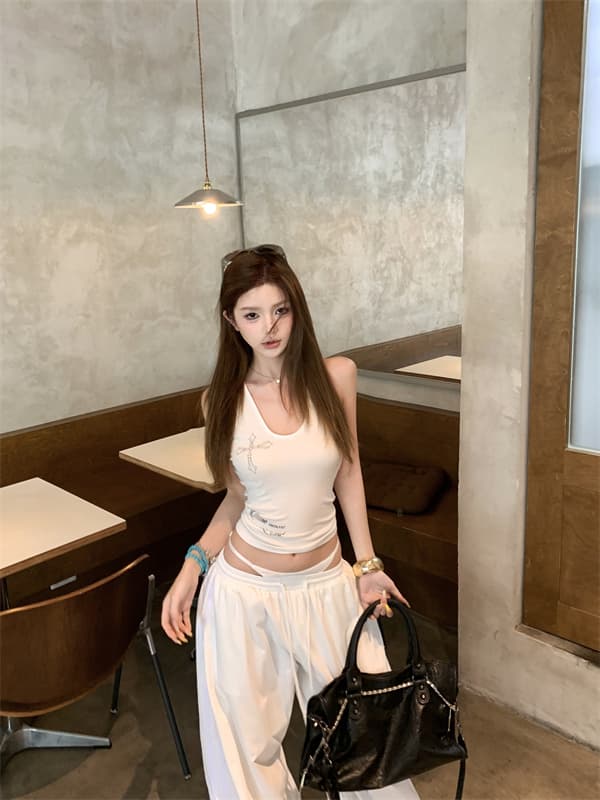 실사 뒤로 비틀림 단어 조끼 외출용 슬립 페이크 레이어드 패치워크 루즈핏 느긋한 와이드 레그 팬츠 세트 상세 이미지 12