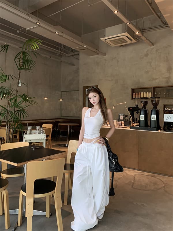 실사 뒤로 비틀림 단어 조끼 외출용 슬립 페이크 레이어드 패치워크 루즈핏 느긋한 와이드 레그 팬츠 세트