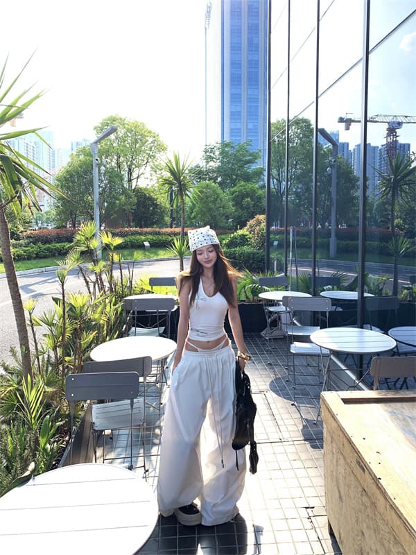 실사 뒤로 비틀림 단어 조끼 외출용 슬립 페이크 레이어드 패치워크 루즈핏 느긋한 와이드 레그 팬츠 세트 이미지 3
