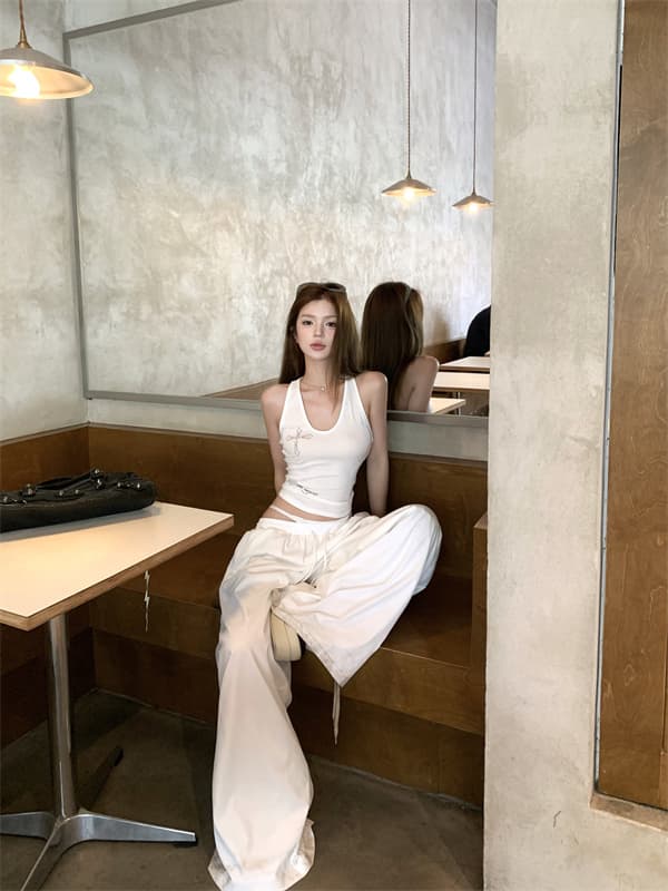 실사 뒤로 비틀림 단어 조끼 외출용 슬립 페이크 레이어드 패치워크 루즈핏 느긋한 와이드 레그 팬츠 세트 이미지 4