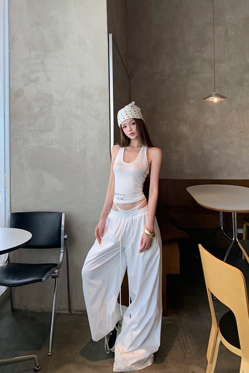 실사 뒤로 비틀림 단어 조끼 외출용 슬립 페이크 레이어드 패치워크 루즈핏 느긋한 와이드 레그 팬츠 세트 이미지 5