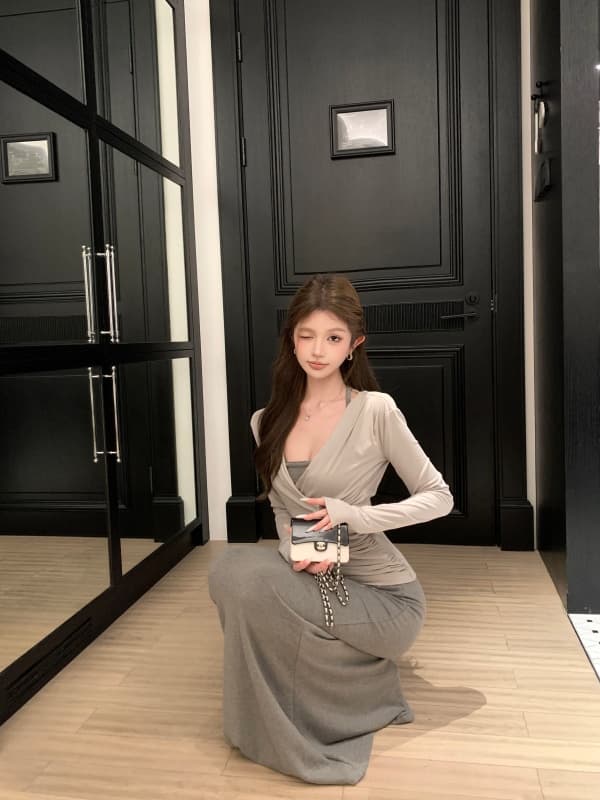 실사 가을 흔들다 칼라 주름 니트 허리 수축 맨위 행침 목 순수한 욕망 인어 꼬리 롱 스커트 상세 이미지 7