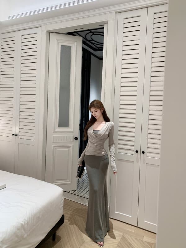 실사 가을 흔들다 칼라 주름 니트 허리 수축 맨위 행침 목 순수한 욕망 인어 꼬리 롱 스커트 상세 이미지 12