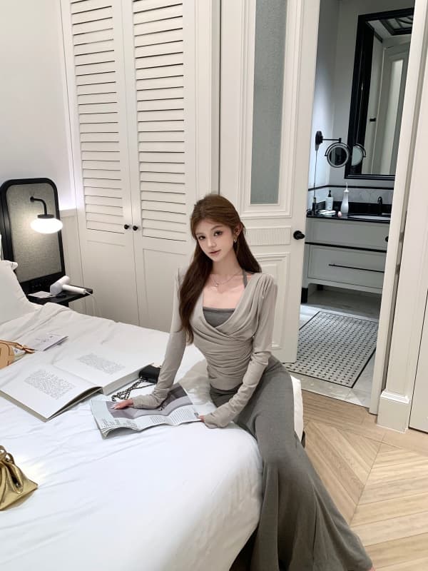 실사 가을 흔들다 칼라 주름 니트 허리 수축 맨위 행침 목 순수한 욕망 인어 꼬리 롱 스커트 이미지 2
