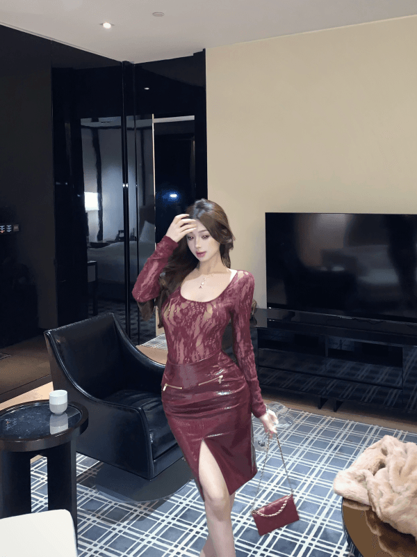 실사 명문 여성 바람 레이스 u 칼라 몸매 가꾸기 허리 수축 맨위 PU 가죽 트임 하이웨이스트 고급 반신 스커트