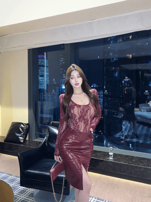 실사 명문 여성 바람 레이스 u 칼라 몸매 가꾸기 허리 수축 맨위 PU 가죽 트임 하이웨이스트 고급 반신 스커트 상세 이미지 4