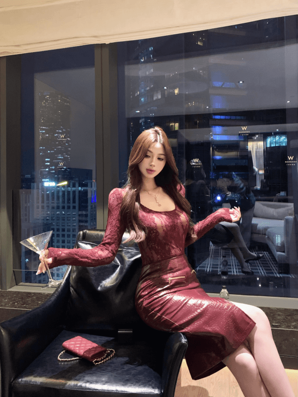 실사 명문 여성 바람 레이스 u 칼라 몸매 가꾸기 허리 수축 맨위 PU 가죽 트임 하이웨이스트 고급 반신 스커트 상세 이미지 6