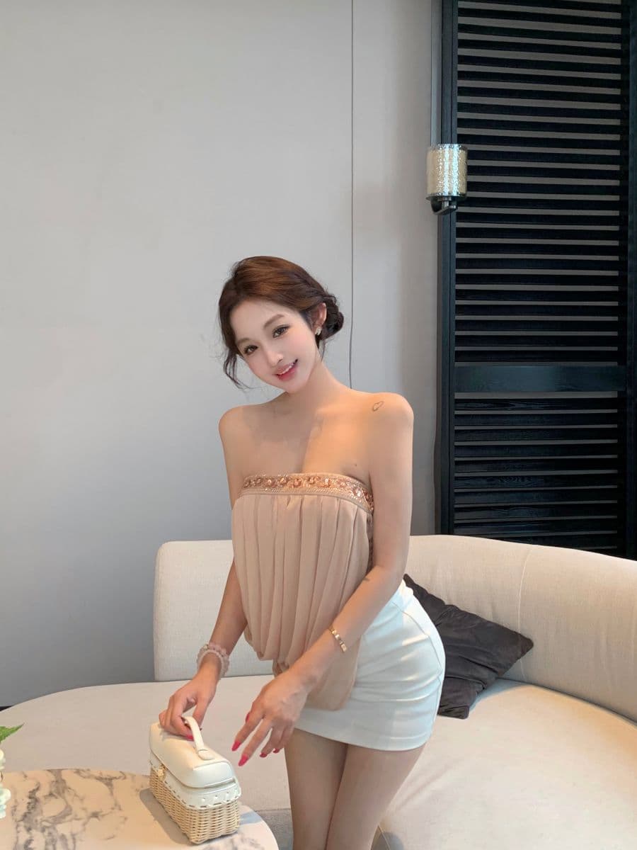실사 고대 조기 분위기 센스 비즈 박기 비스듬한 오프숄더 쉬폰 조끼 여성 불규칙 주름 슬림해 보이는 맨위 상세 이미지 11