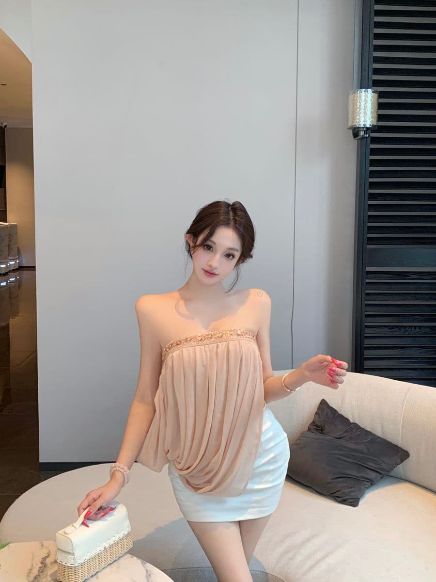 실사 고대 조기 분위기 센스 비즈 박기 비스듬한 오프숄더 쉬폰 조끼 여성 불규칙 주름 슬림해 보이는 맨위 이미지 3