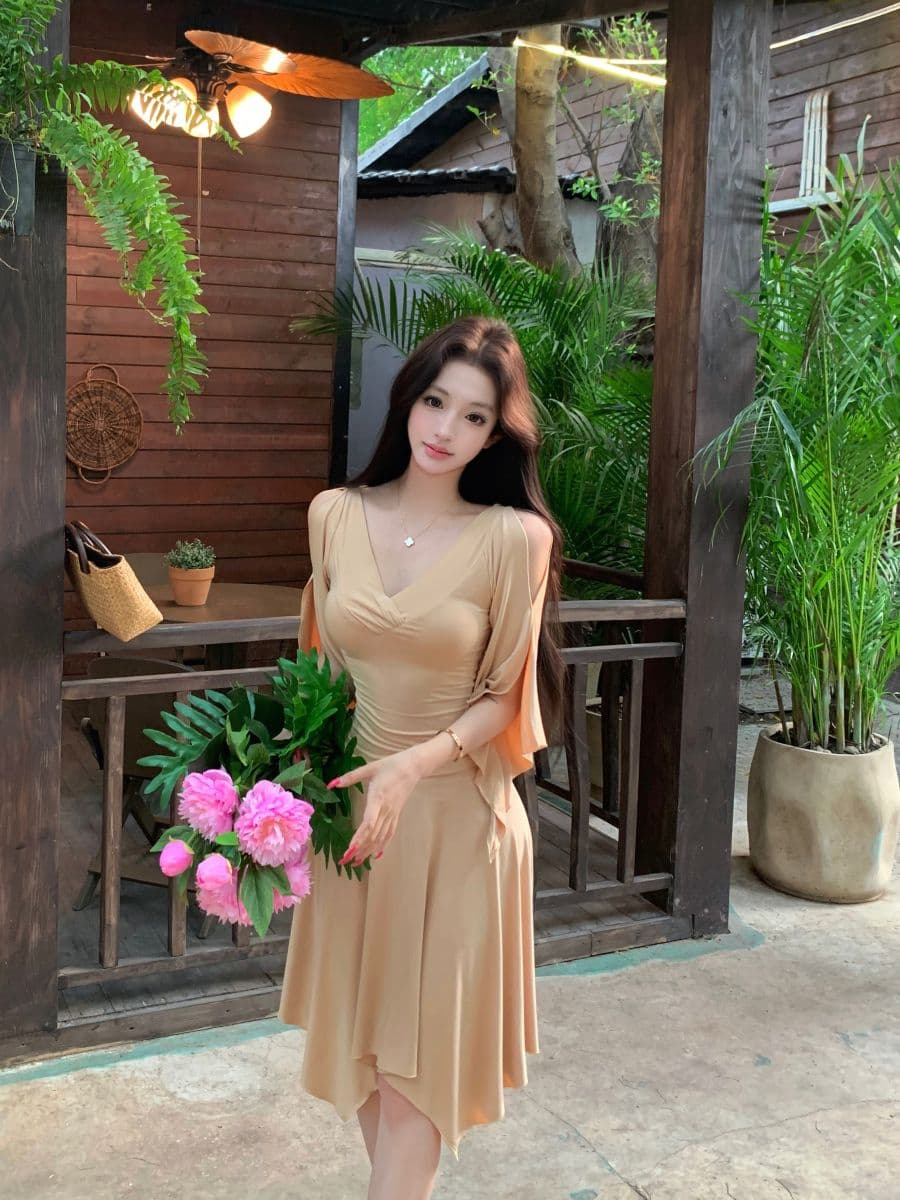 실사 프랑스식 순수한 욕망 휴가 바람 해변가 오프숄더 V넥 맨위 슬림해 보이는 하이웨이스트 반신 스커트 투피스 세트 이미지 3