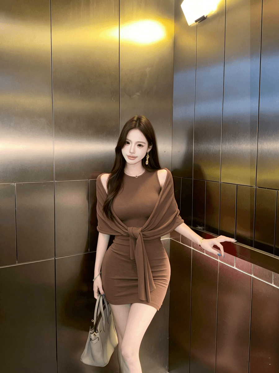 실사 한국 로얄 자매 여름 디자인 센스 허리 수축 슬림해 보이는 라운드 넥 순수한 욕망 드레스 숄 상세 이미지 10