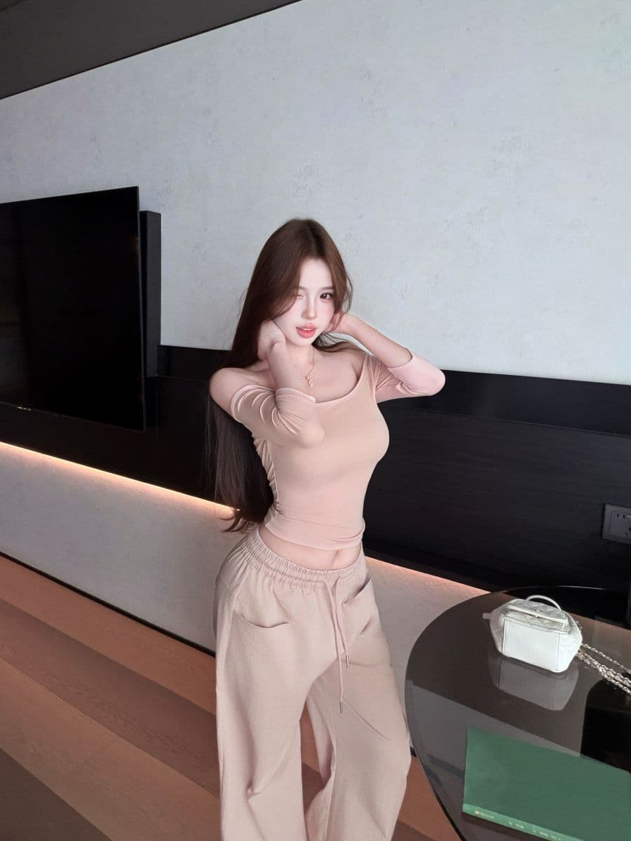 실사 한 여성 항상 단어 어깨 오프숄더 핫걸 슬림해 보이는 맨위 아메리칸 핫걸 펌프 로프 하이웨이스트 스트레이트 배럴 와이드 레그 팬츠 이미지 4