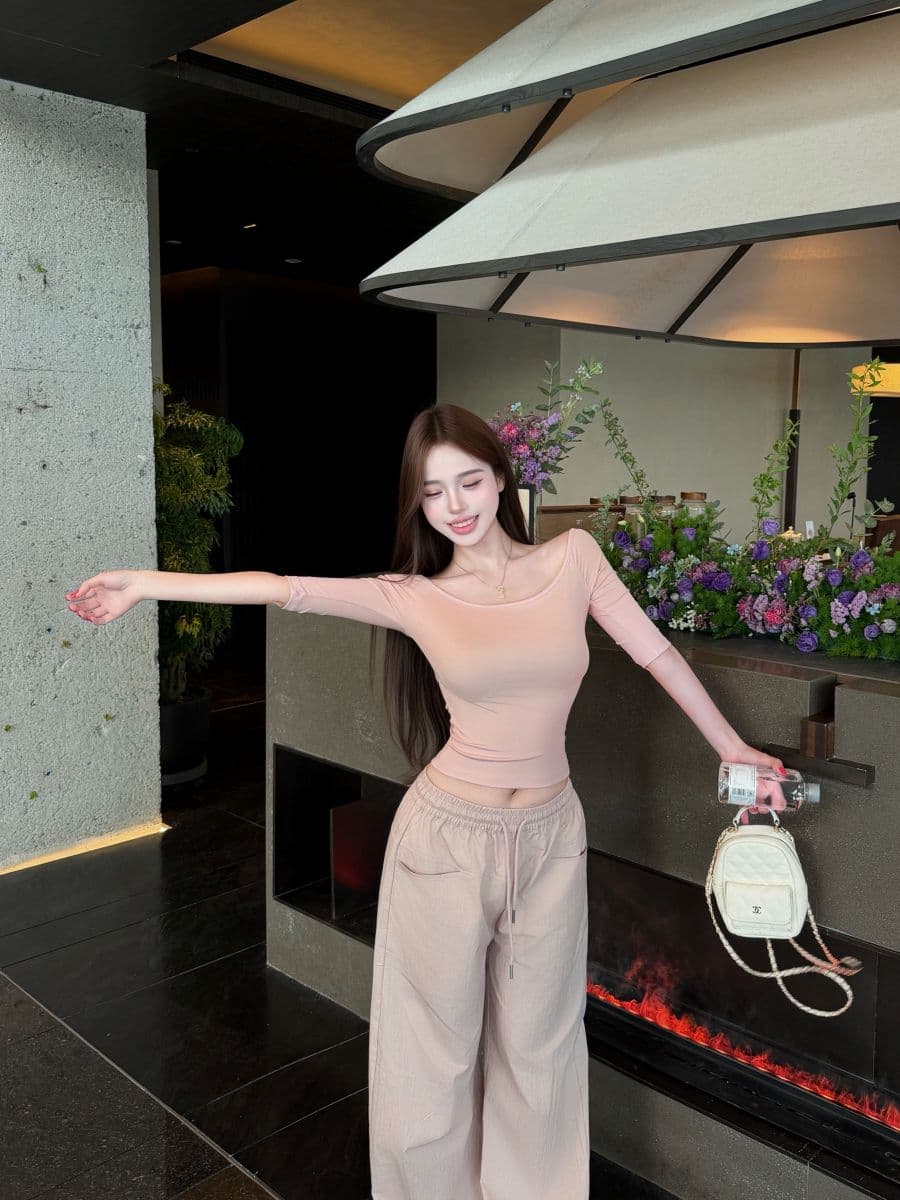 실사 한 여성 항상 단어 어깨 오프숄더 핫걸 슬림해 보이는 맨위 아메리칸 핫걸 펌프 로프 하이웨이스트 스트레이트 배럴 와이드 레그 팬츠 상세 이미지 6