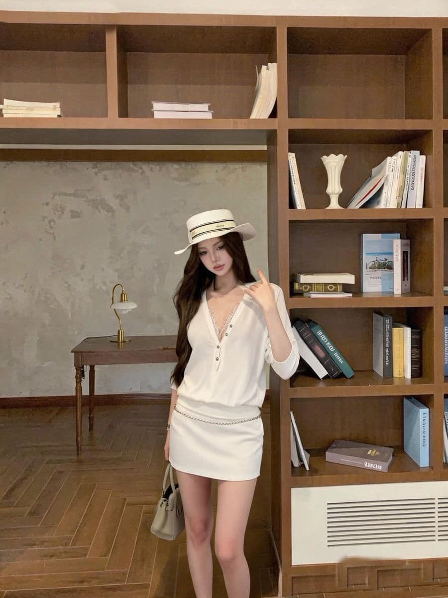 실사 디자인 화이트 중간 소매 V넥 낮음 구두 레이스 t+ 화이트 하이웨이스트 반신 스커트 상세 이미지 3