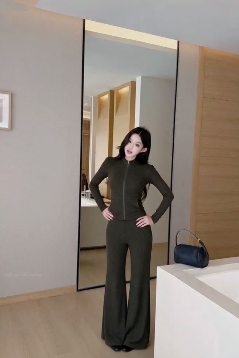 실사 스탠드 칼라 지퍼 긴팔 짧은 외투 도루 가을 센스 와이드 레그 팬츠 부츠컷 여성 가을 세트 이미지 5