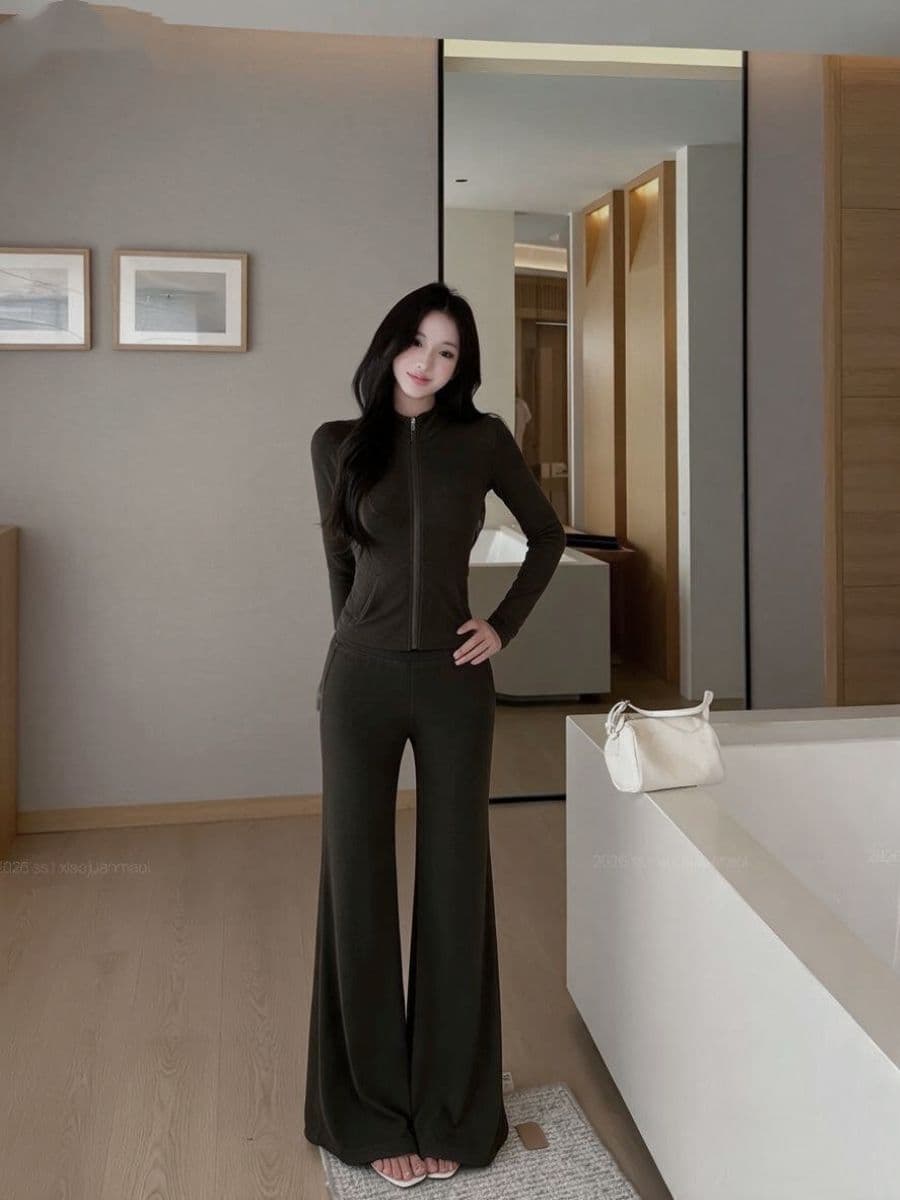 실사 스탠드 칼라 지퍼 긴팔 짧은 외투 도루 가을 센스 와이드 레그 팬츠 부츠컷 여성 가을 세트 상세 이미지 2