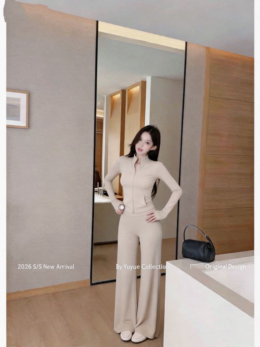 실사 스탠드 칼라 지퍼 긴팔 짧은 외투 도루 가을 센스 와이드 레그 팬츠 부츠컷 여성 가을 세트 상세 이미지 3