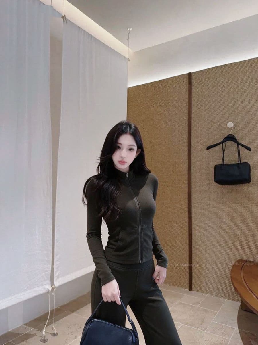 실사 스탠드 칼라 지퍼 긴팔 짧은 외투 도루 가을 센스 와이드 레그 팬츠 부츠컷 여성 가을 세트 상세 이미지 4