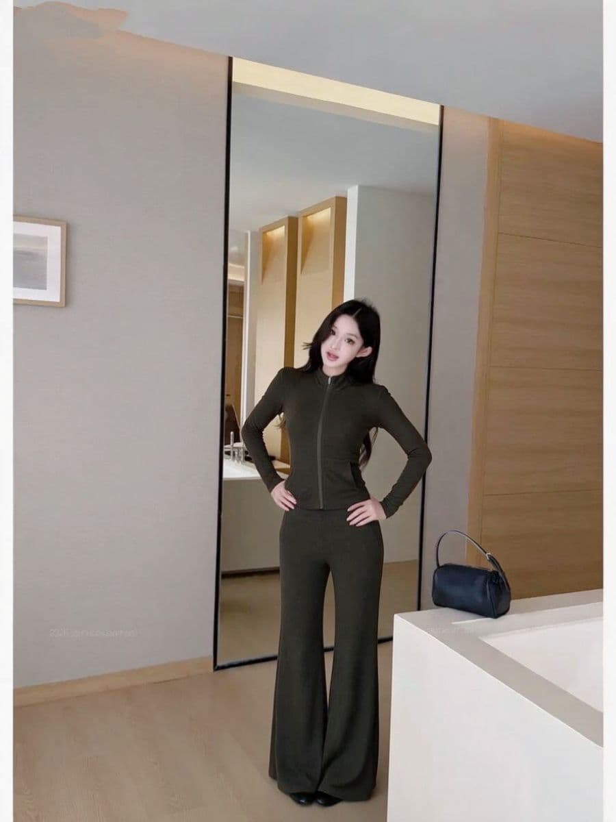 실사 스탠드 칼라 지퍼 긴팔 짧은 외투 도루 가을 센스 와이드 레그 팬츠 부츠컷 여성 가을 세트 상세 이미지 5