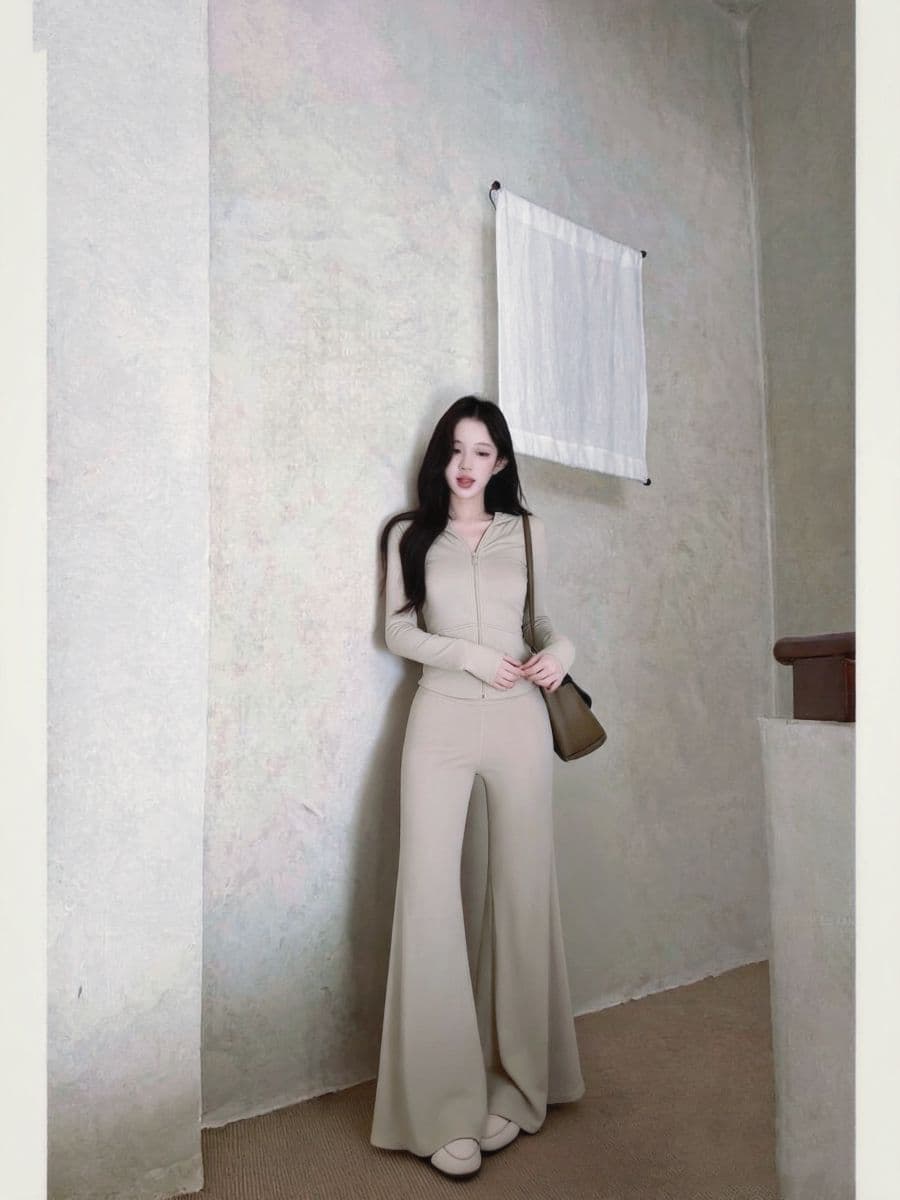 실사 스탠드 칼라 지퍼 긴팔 짧은 외투 도루 가을 센스 와이드 레그 팬츠 부츠컷 여성 가을 세트 상세 이미지 6