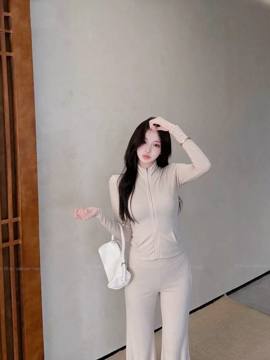 실사 스탠드 칼라 지퍼 긴팔 짧은 외투 도루 가을 센스 와이드 레그 팬츠 부츠컷 여성 가을 세트 상세 이미지 7