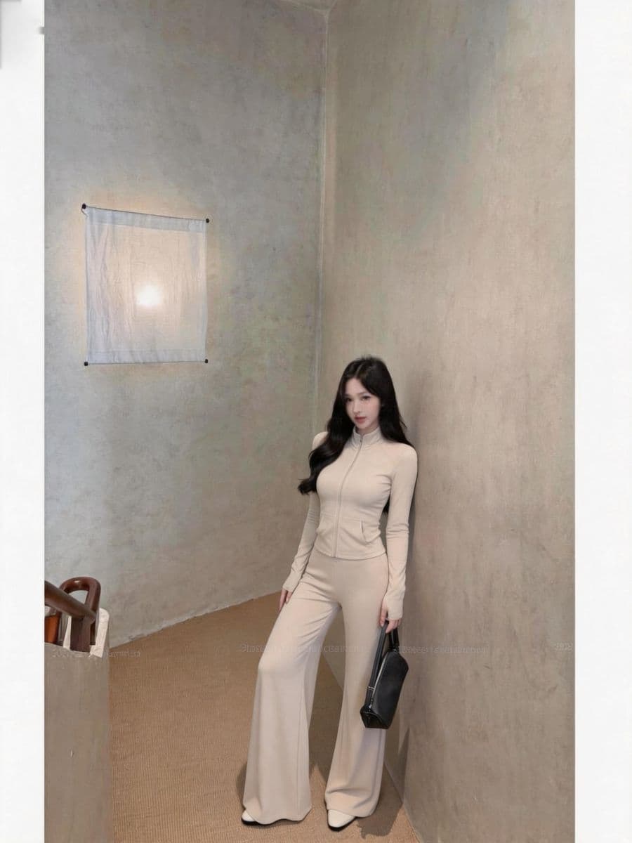 실사 스탠드 칼라 지퍼 긴팔 짧은 외투 도루 가을 센스 와이드 레그 팬츠 부츠컷 여성 가을 세트 상세 이미지 8