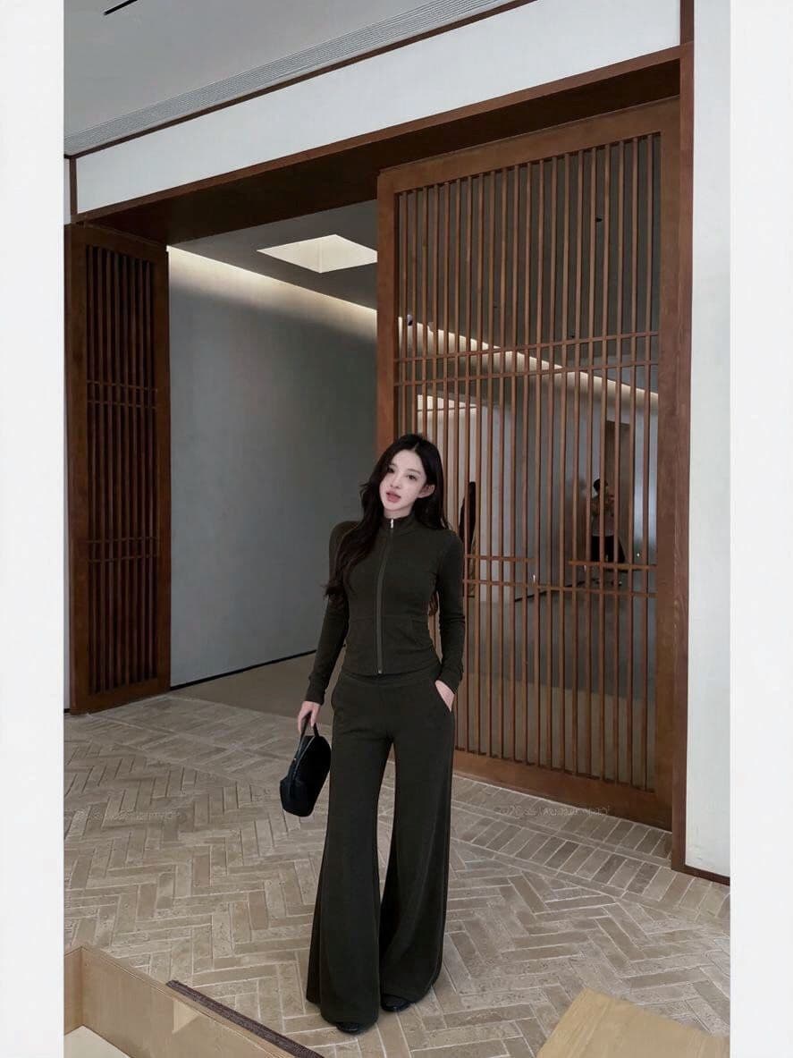 실사 스탠드 칼라 지퍼 긴팔 짧은 외투 도루 가을 센스 와이드 레그 팬츠 부츠컷 여성 가을 세트 상세 이미지 9