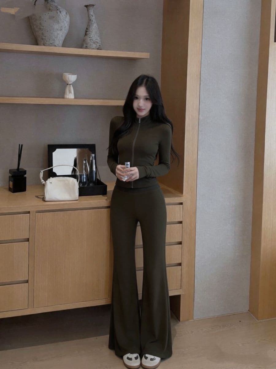 실사 스탠드 칼라 지퍼 긴팔 짧은 외투 도루 가을 센스 와이드 레그 팬츠 부츠컷 여성 가을 세트 상세 이미지 10