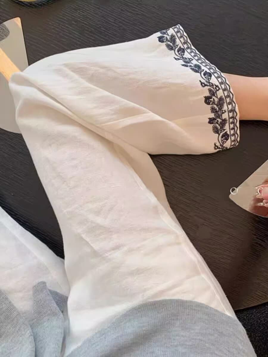 고급 센스 배색 자수 스트레이트 아마 바지 여자 여름 품격 오래된 돈 바람 슬림해 보이는 캐주얼 화이트 와이드 레그 팬츠