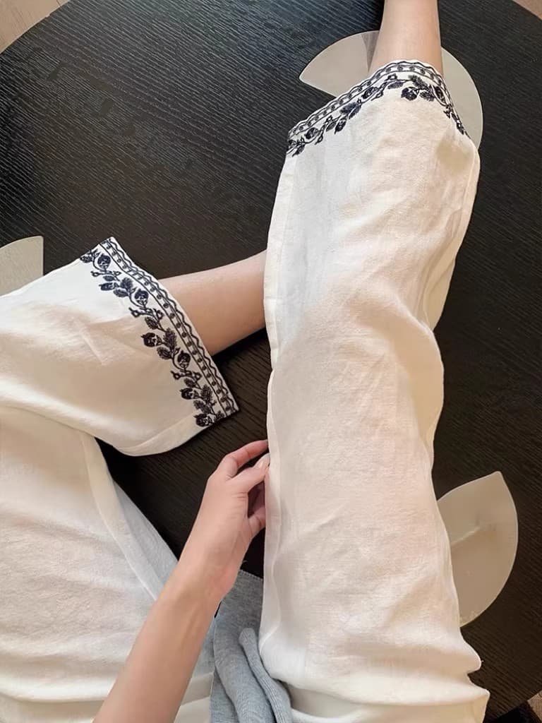 고급 센스 배색 자수 스트레이트 아마 바지 여자 여름 품격 오래된 돈 바람 슬림해 보이는 캐주얼 화이트 와이드 레그 팬츠 상세 이미지 2