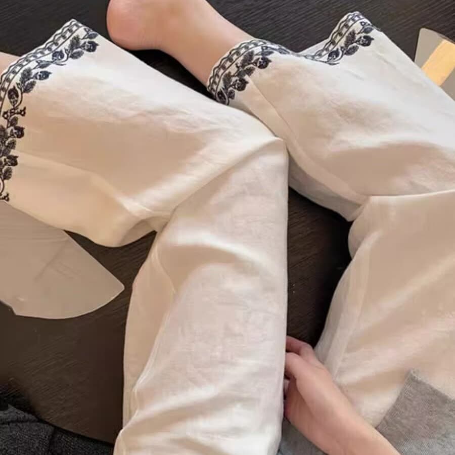 고급 센스 배색 자수 스트레이트 아마 바지 여자 여름 품격 오래된 돈 바람 슬림해 보이는 캐주얼 화이트 와이드 레그 팬츠 이미지 5