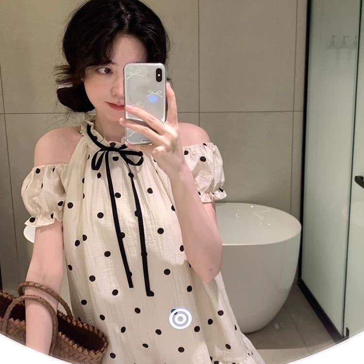 geegeefunny 도트 무늬 여성 드레스 여름 새로운 나비 매듭 오프숄더 반팔 거품 소매 치마 상세 이미지 2