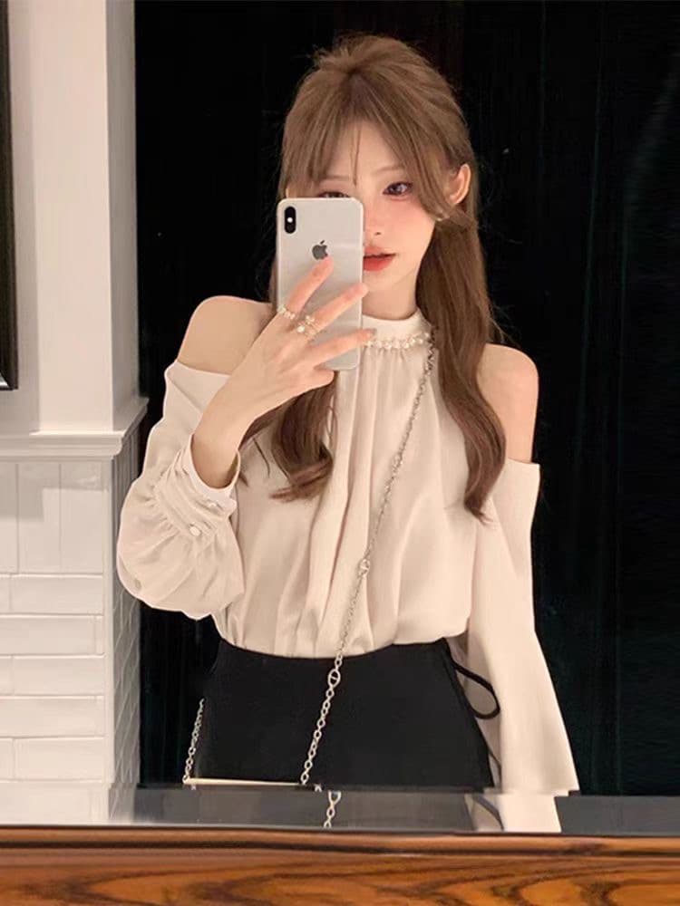 봄 가을 새로운 오프숄더 셔츠 맨위 여성 디자인 센스 작은 대중 행침 목 셔츠 외국 가스 고유 한 Chic 작은 셔츠