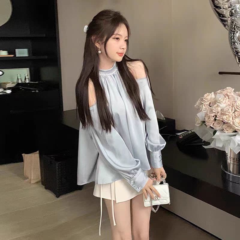 봄 가을 새로운 오프숄더 셔츠 맨위 여성 디자인 센스 작은 대중 행침 목 셔츠 외국 가스 고유 한 Chic 작은 셔츠 상세 이미지 8