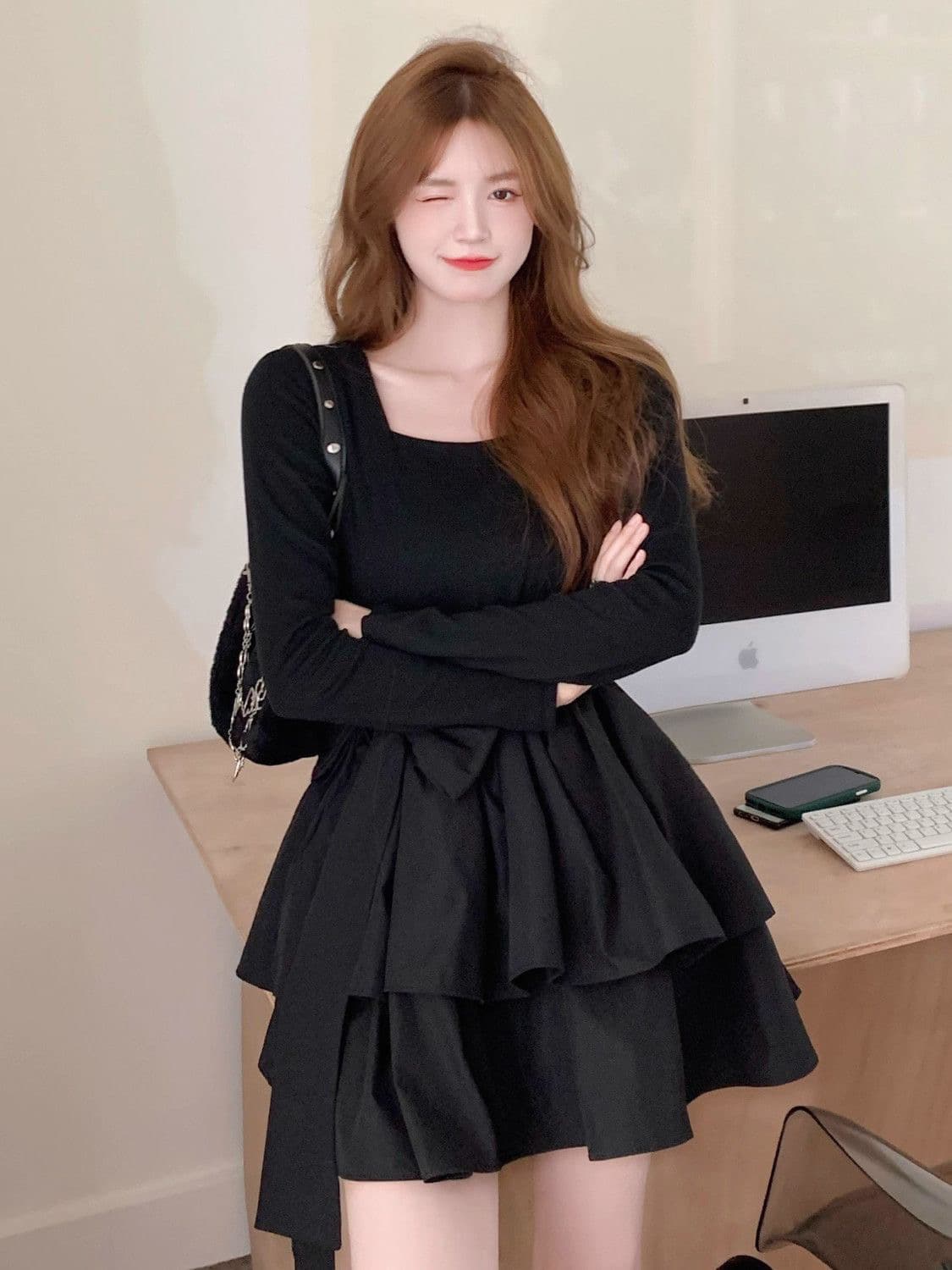프랑스식 품격 작은 키 검정색 드레스 슬림해 보이는 허리 수축 새로운 달콤함 공주 긴팔 퍼프 스커트 작은 검은 드레스 이미지 2
