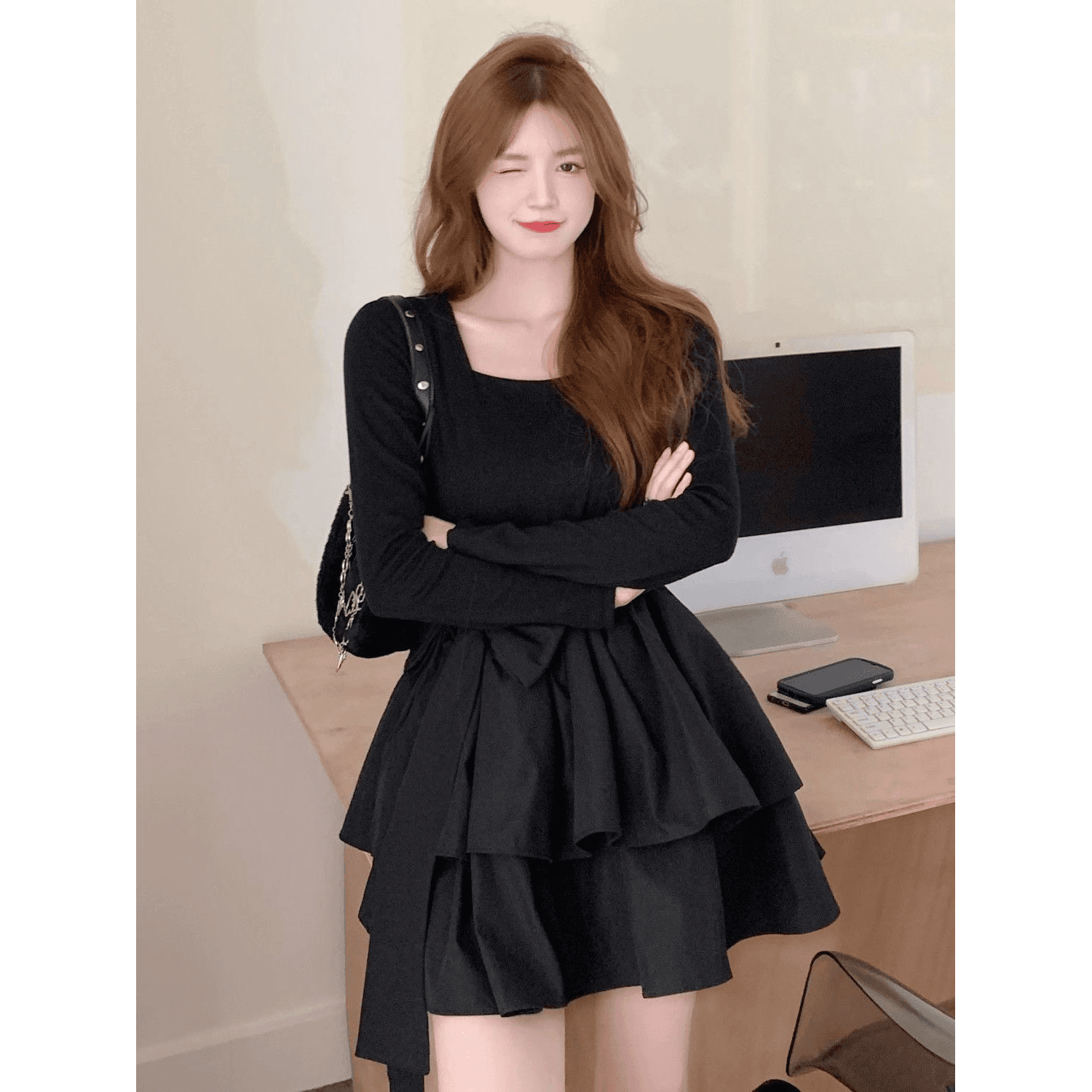 프랑스식 품격 작은 키 검정색 드레스 슬림해 보이는 허리 수축 새로운 달콤함 공주 긴팔 퍼프 스커트 작은 검은 드레스 이미지 5