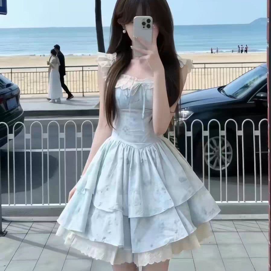 프랑스식 달콤함 꽃무늬 공주 미니 스커트 여름 천 골드 새로운 퍼프 스커트 센스 수신 허리 수축 작은 날다 소매 드레스