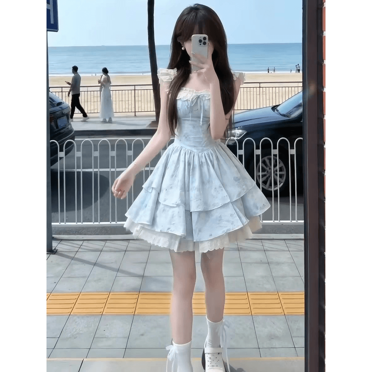 프랑스식 달콤함 꽃무늬 공주 미니 스커트 여름 천 골드 새로운 퍼프 스커트 센스 수신 허리 수축 작은 날다 소매 드레스 이미지 5