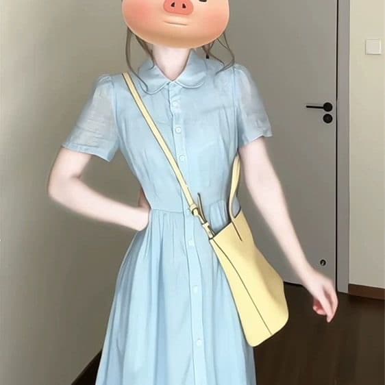 여름 프랑스식 드레스 셔츠 파란색 새로운 작은 키 품격 고급 허리 수축 롱 스커트 폴로 칼라 이미지 2