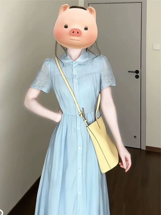 여름 프랑스식 드레스 셔츠 파란색 새로운 작은 키 품격 고급 허리 수축 롱 스커트 폴로 칼라 상세 이미지 1