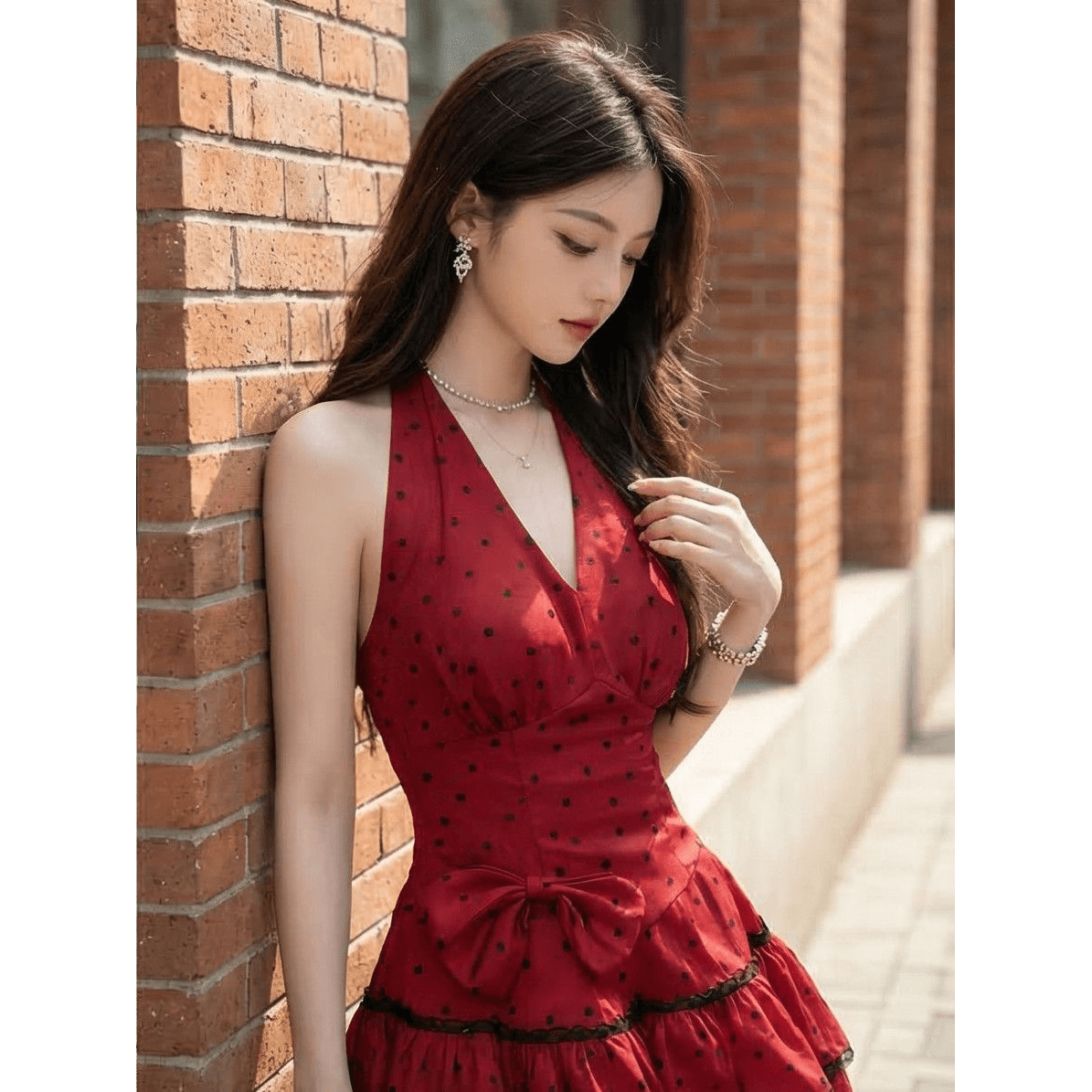 2026 새로운 와인 빨간색 도트 무늬 행침 목 드레스 허리 수축 나비 매듭 핫걸 미니 스커트 이미지 5