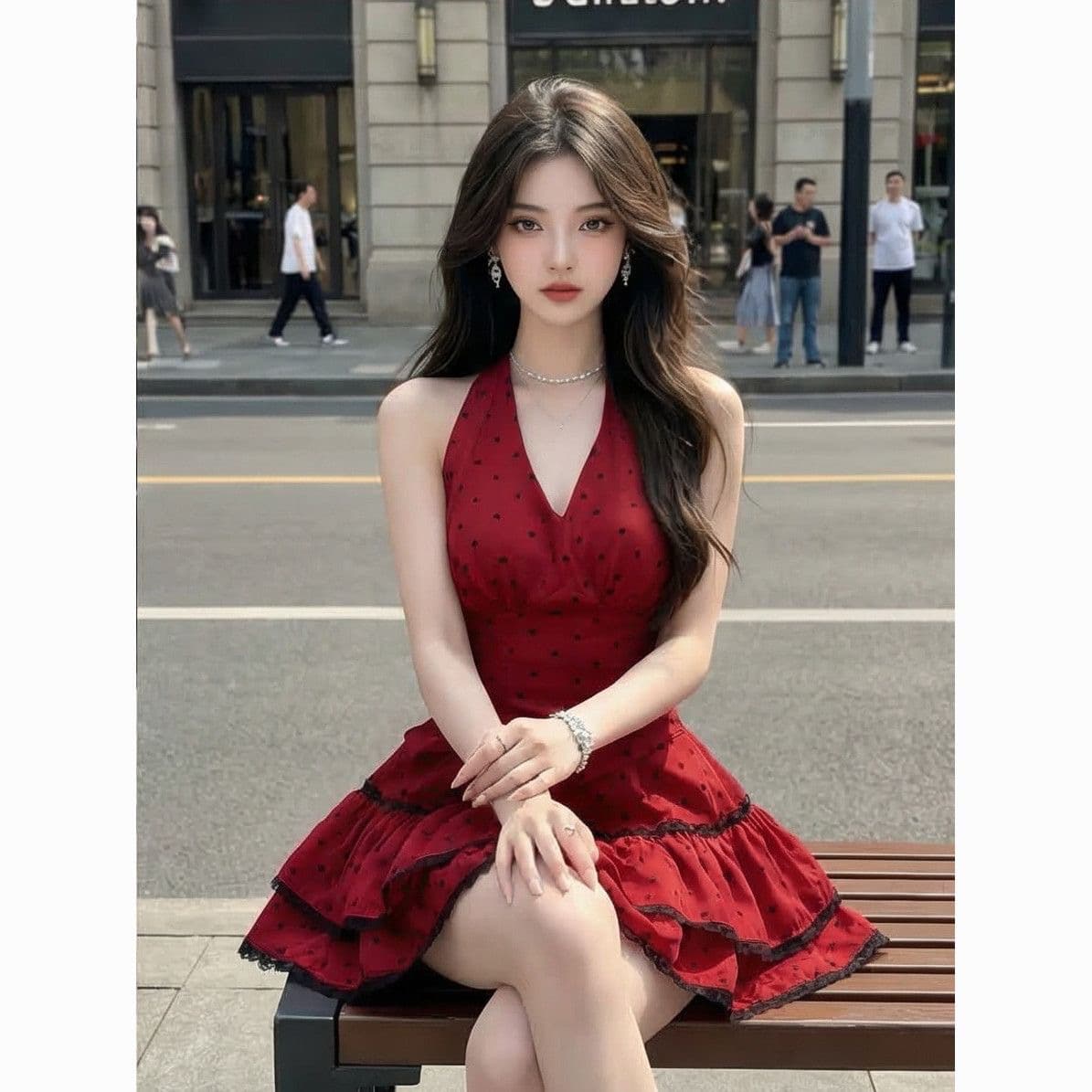 2026 새로운 와인 빨간색 도트 무늬 행침 목 드레스 허리 수축 나비 매듭 핫걸 미니 스커트 상세 이미지 1