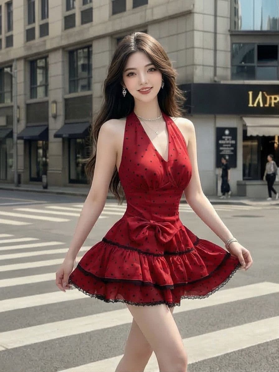 2026 새로운 와인 빨간색 도트 무늬 행침 목 드레스 허리 수축 나비 매듭 핫걸 미니 스커트 상세 이미지 2