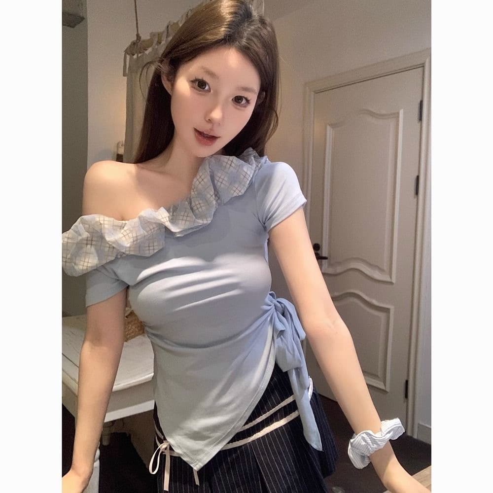 순수한 욕망 바람 프릴 오프숄더 섹시함 반팔 티셔츠 여름 새로운 핫걸 허리 수축 패치워크 색상 불규칙 맨위 여성