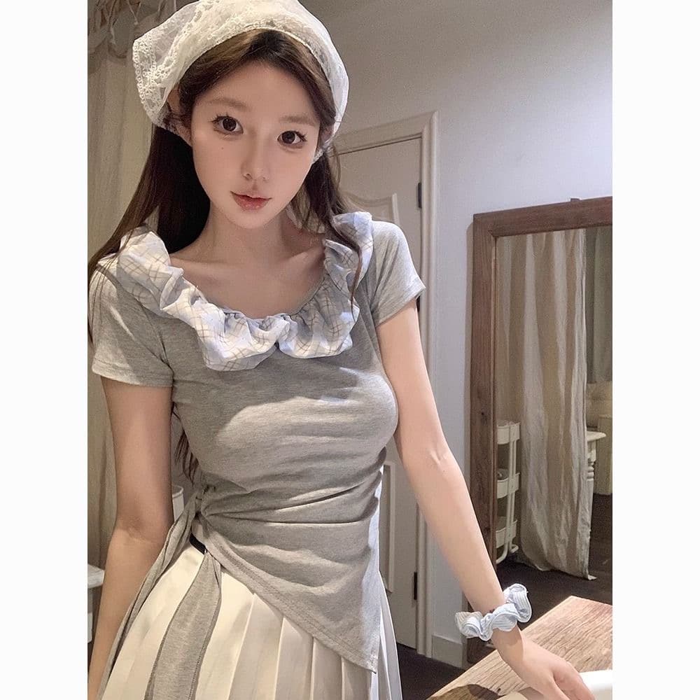 순수한 욕망 바람 프릴 오프숄더 섹시함 반팔 티셔츠 여름 새로운 핫걸 허리 수축 패치워크 색상 불규칙 맨위 여성 이미지 2