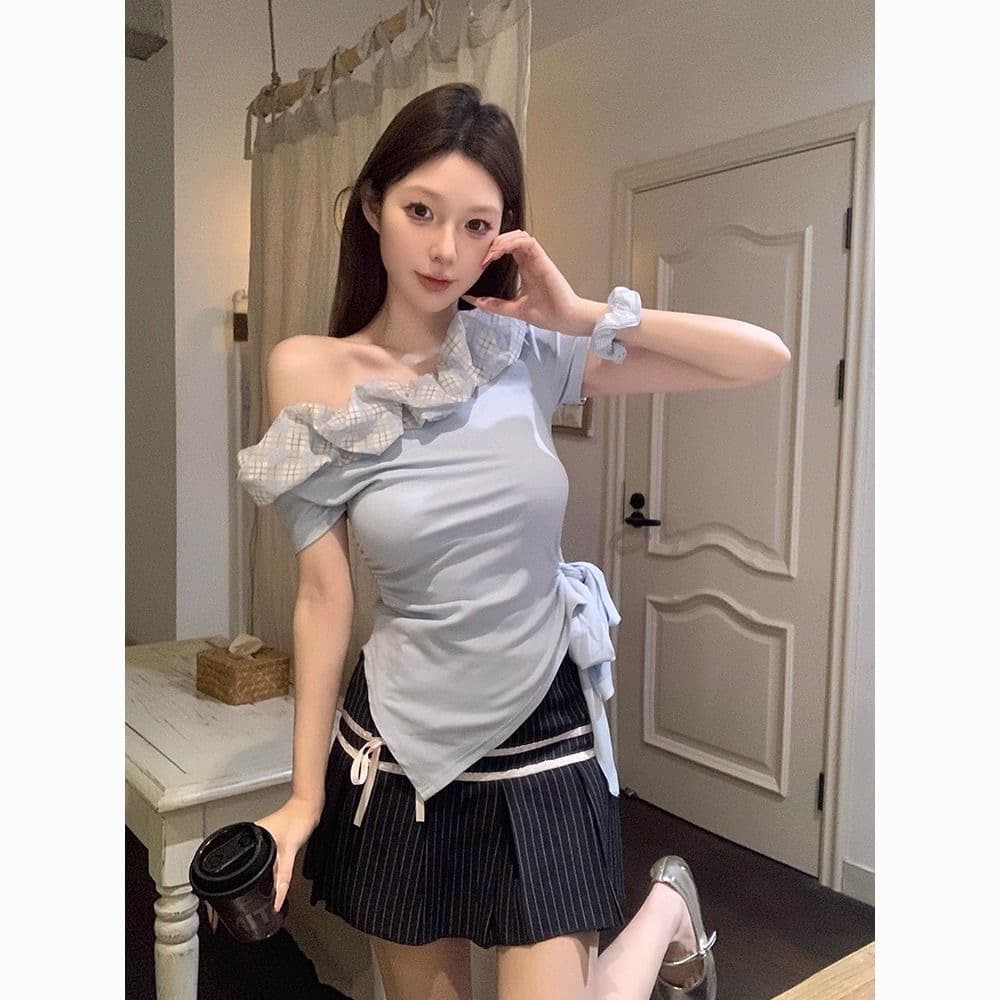 순수한 욕망 바람 프릴 오프숄더 섹시함 반팔 티셔츠 여름 새로운 핫걸 허리 수축 패치워크 색상 불규칙 맨위 여성 상세 이미지 4