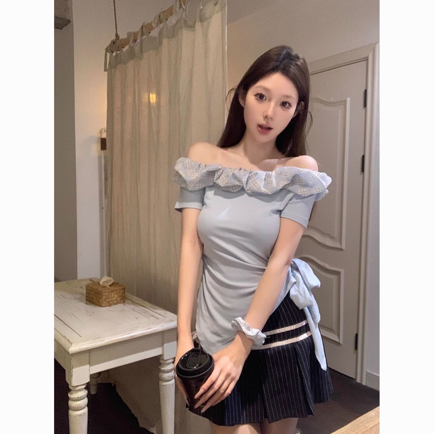 순수한 욕망 바람 프릴 오프숄더 섹시함 반팔 티셔츠 여름 새로운 핫걸 허리 수축 패치워크 색상 불규칙 맨위 여성 상세 이미지 7