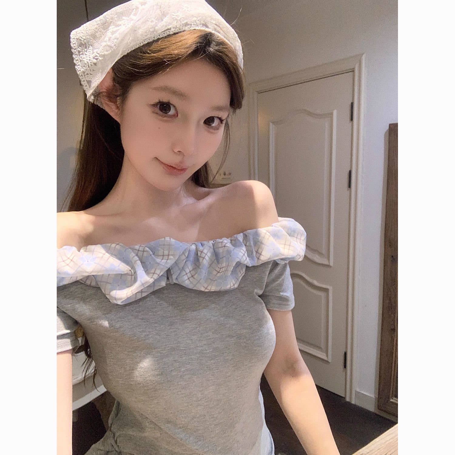 순수한 욕망 바람 프릴 오프숄더 섹시함 반팔 티셔츠 여름 새로운 핫걸 허리 수축 패치워크 색상 불규칙 맨위 여성 상세 이미지 8